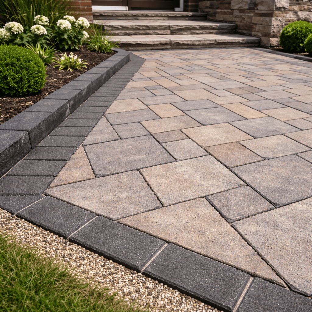 Interlocking paver walkway bordered by dark edging beside landscaped garden beds and stone entry steps