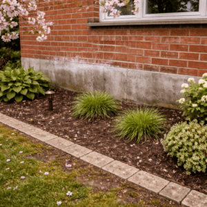 Toronto brick wall in spring with visible efflorescence, worn mortar joints, and early masonry surface damage