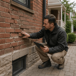 Professional masonry contractor inspecting visible brick and mortar damage on a Toronto home