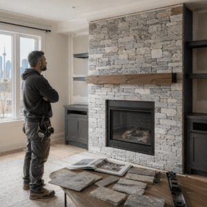 Professional masonry installer reviewing a stone veneer fireplace project in a Toronto home