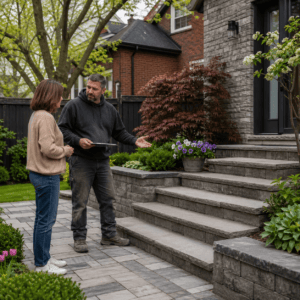 Professional masonry planning discussion in a Toronto yard for spring project ideas