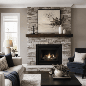 Stone veneer fireplace design in a Toronto home showing balanced scale and clean integration with the room