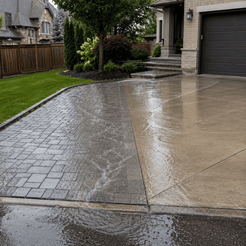 Driveway drainage planning for interlocking stone and poured concrete surfaces