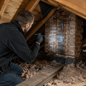Homeowner checking attic moisture near a chimney after a roof leak