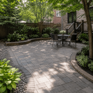 Backyard interlocking patio with brick garden edging and balanced landscaping