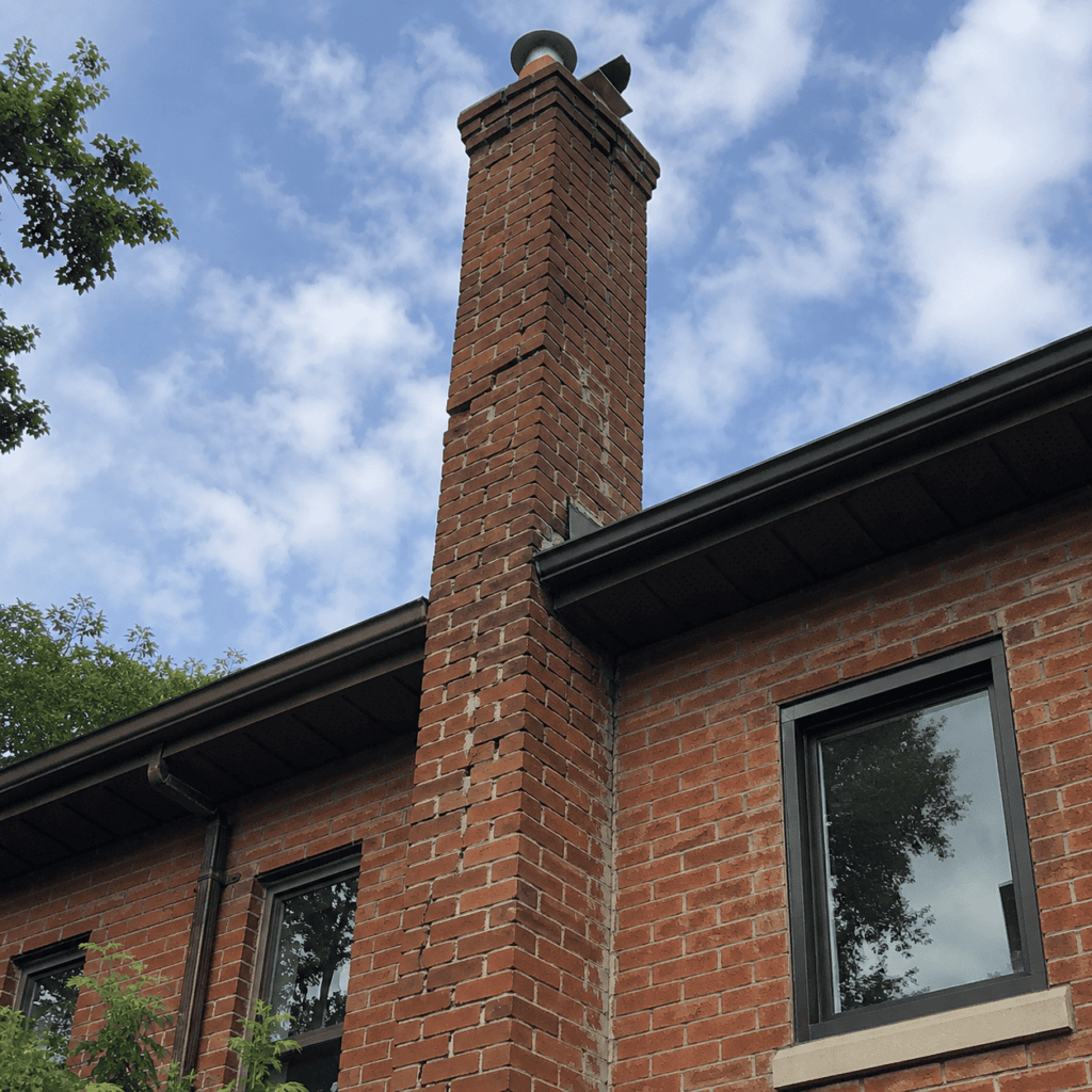 Damaged brick chimney viewed safely from ground level