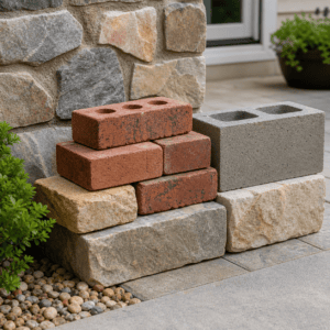 Brick stone and concrete masonry materials showing dense surfaces for natural cooling