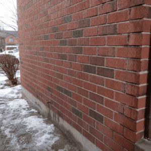 Toronto brick wall showing winter moisture exposure and mortar joints