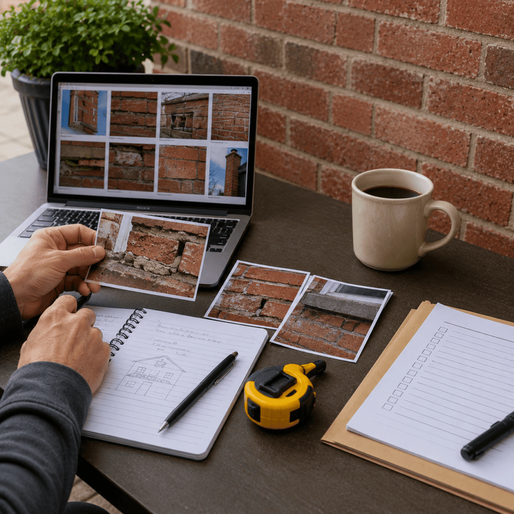 Homeowner organizing masonry inspection notes before calling a mason
