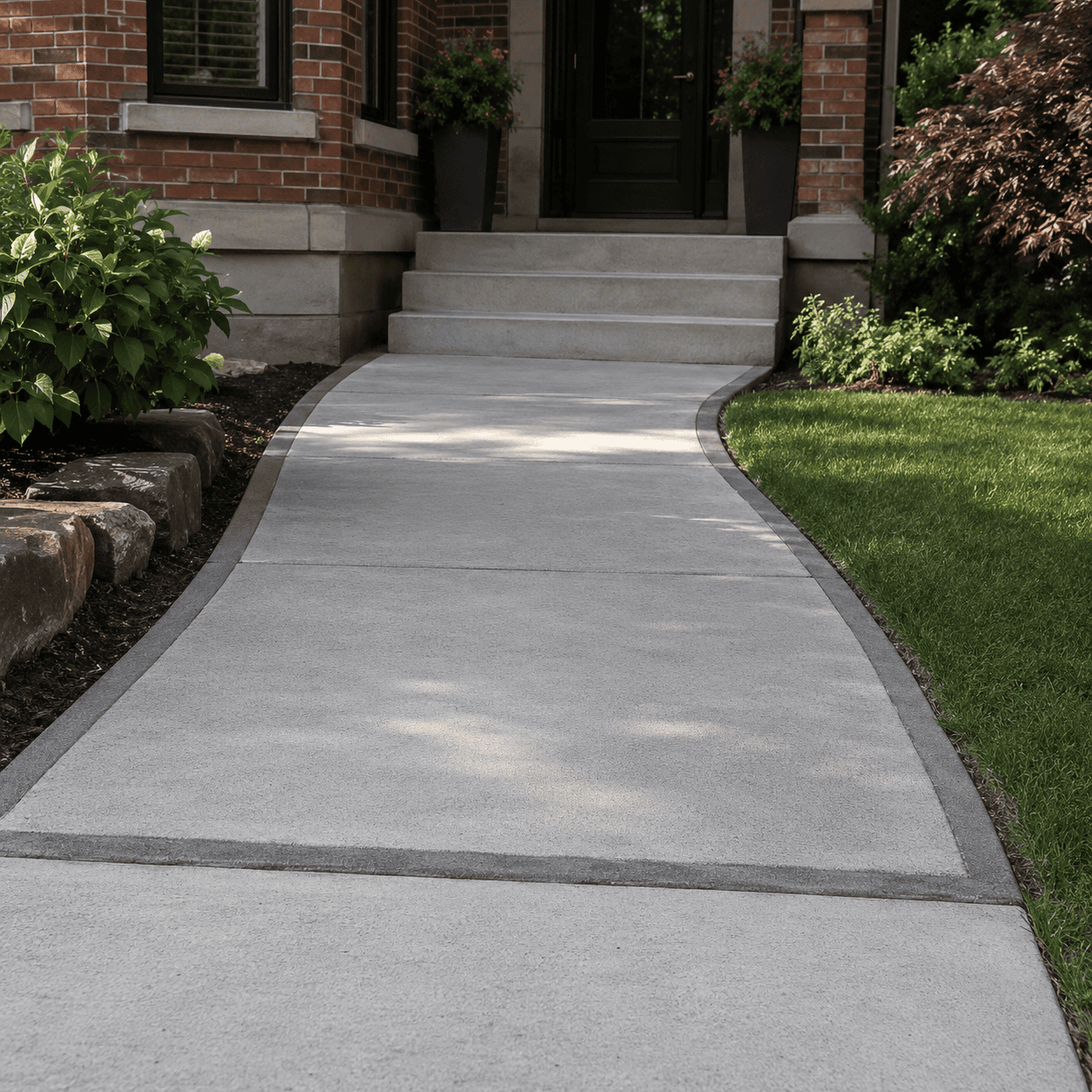Concrete front walkway leading to raised entrance steps beside a brick home