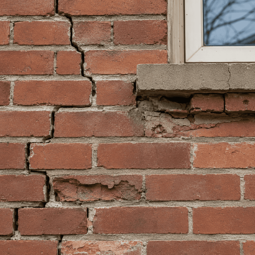Stair-step cracks and spalling brick showing masonry repair warning signs