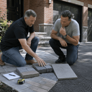 Homeowner comparing interlocking stone and concrete driveway material samples