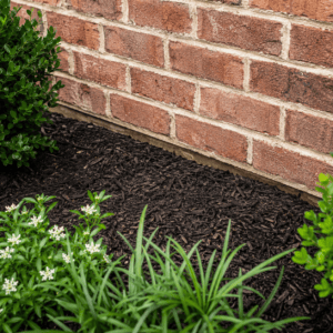 Garden bed with mulch kept below the base of an exterior brick wall