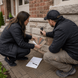Homeowner and masonry contractor inspecting surfaces before choosing a sealer
