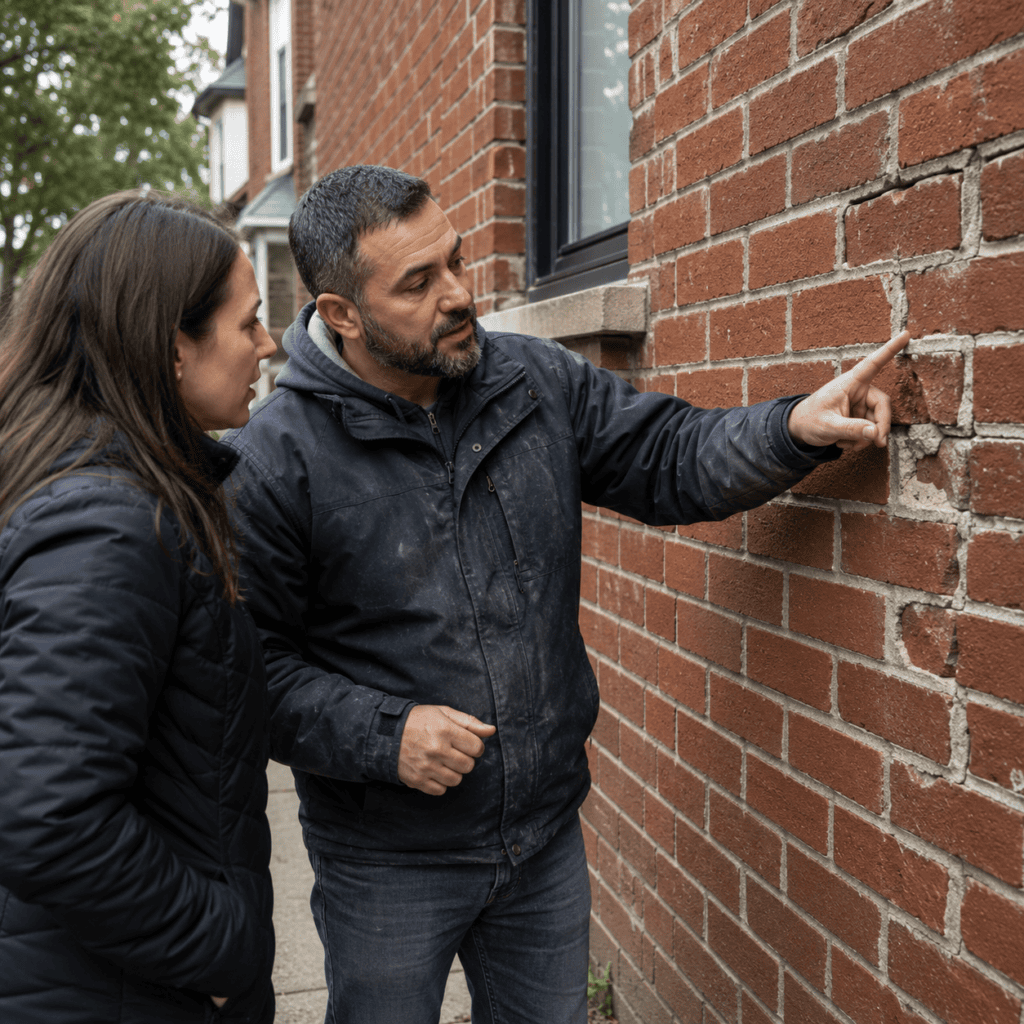 Professional mason inspecting damaged brickwork with a Toronto homeowner