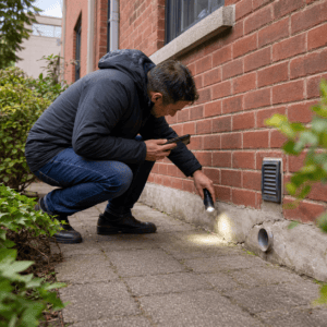 Homeowner checking exterior masonry openings for possible pest entry points