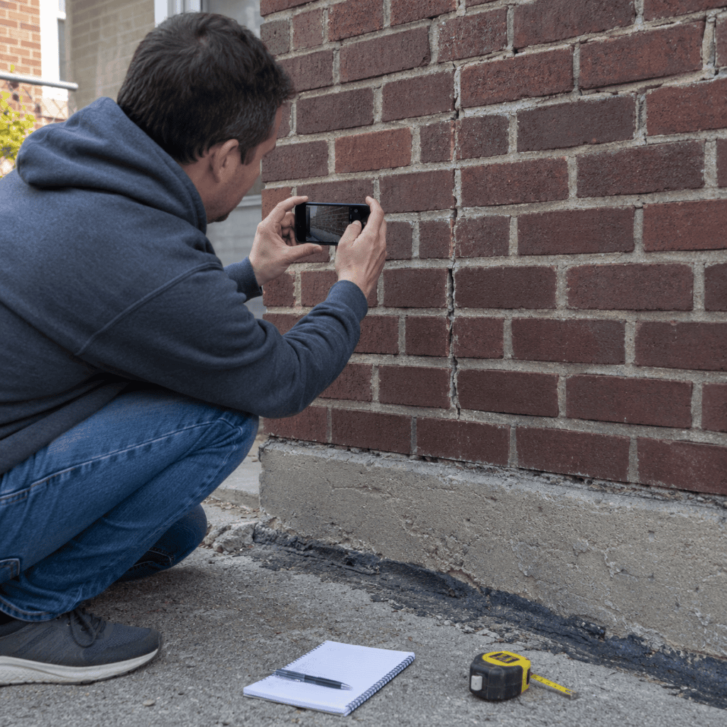 Homeowner documenting cracked mortar joints from ground level