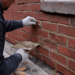 Mason repairing deteriorated mortar joints to close exterior gaps