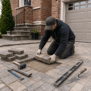Mason resetting interlocking driveway pavers for a localized repair