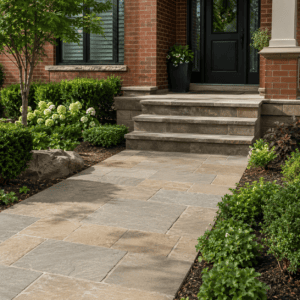 Mid-tone natural stone walkway and steps complementing a Toronto brick home