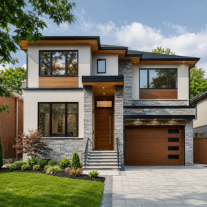 Modern Toronto home with grey stone accents and balanced exterior materials