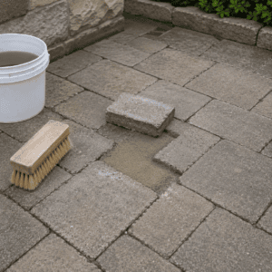 Cleaned interlocking pavers prepared for masonry sealer application