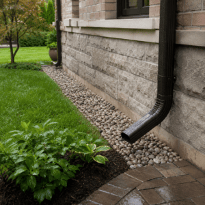 Proper drainage and grading around a masonry foundation beside landscaping