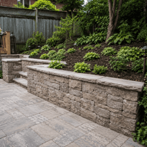 Properly built stone retaining wall supporting a landscaped Toronto backyard