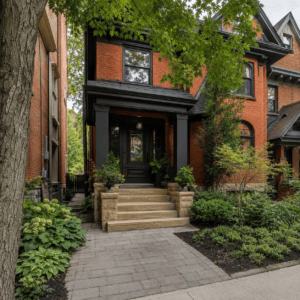 Red brick Toronto home with warm limestone steps and soft grey walkway stones