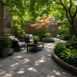 Shaded backyard stone patio with brick edging for a cooler Toronto outdoor space