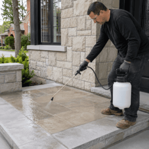 Professional applying a clear penetrating sealer to exterior stone masonry