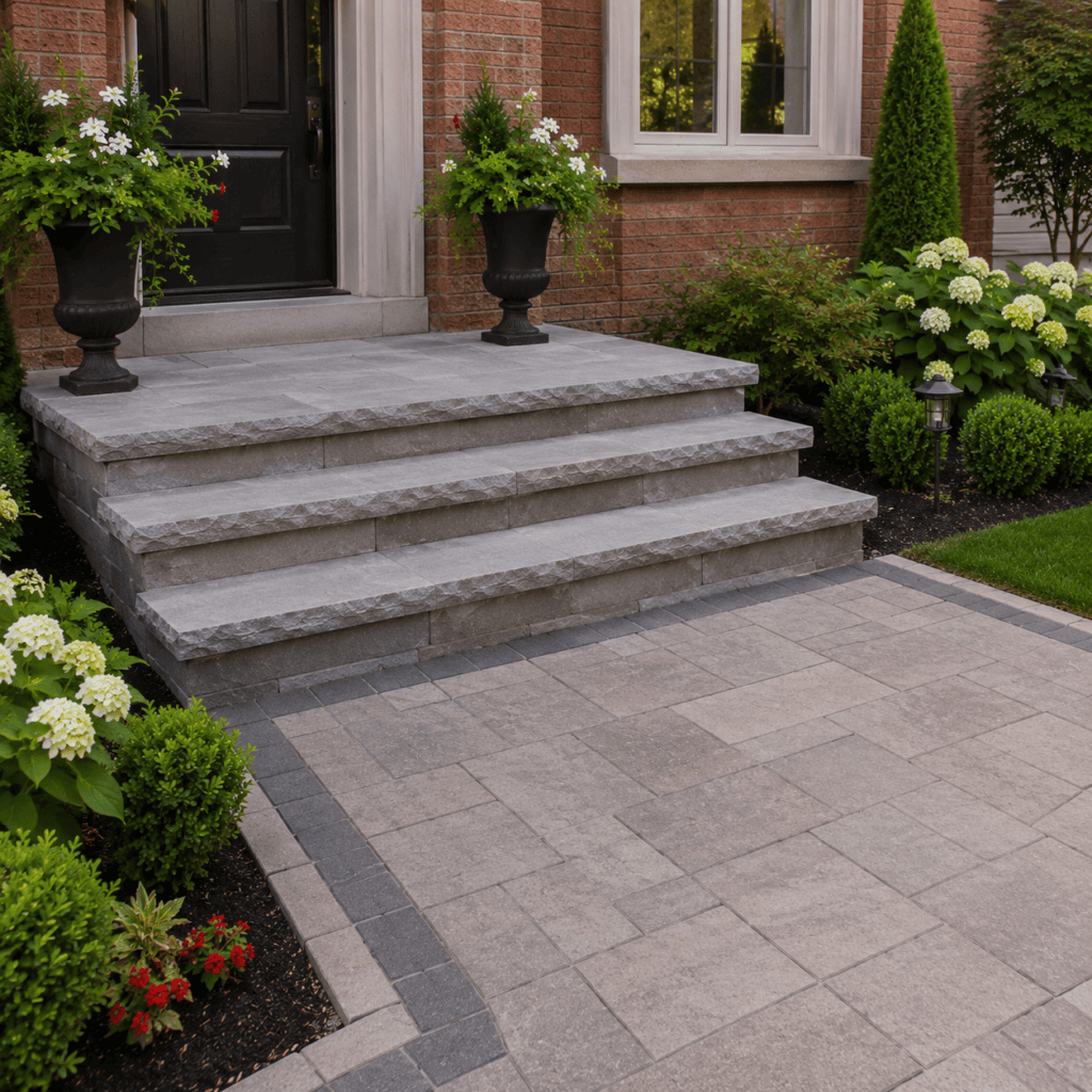 Finished stone steps connected to an interlocking walkway and brick porch