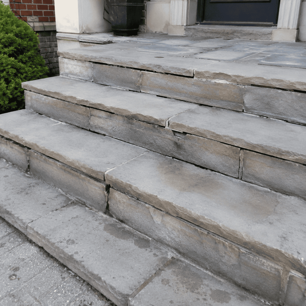 Aging stone steps with open joints and uneven treads needing repair