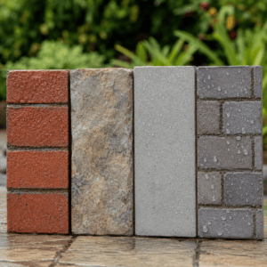 Brick, stone, concrete, and interlocking paver samples for sealer comparison