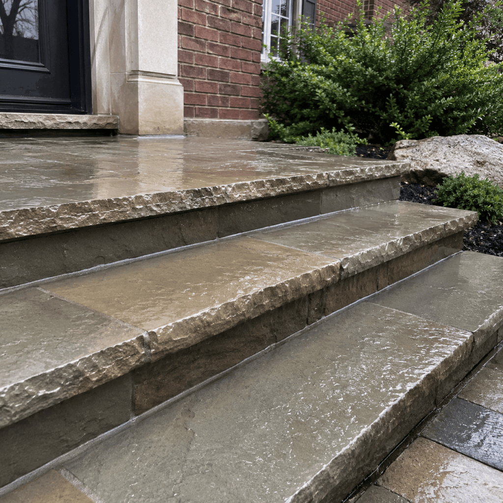 Stone steps with proper drainage after light rain at a Toronto home