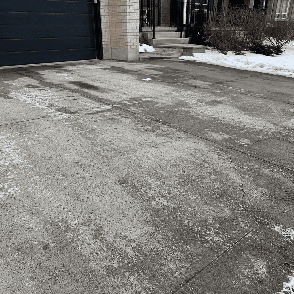 Weathered poured concrete driveway with cracking and winter surface wear