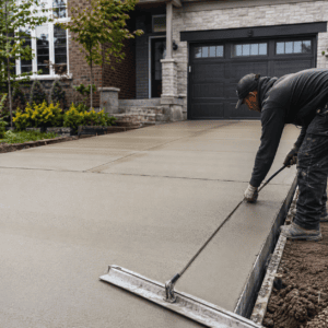 Fresh poured concrete driveway being finished at a Toronto home