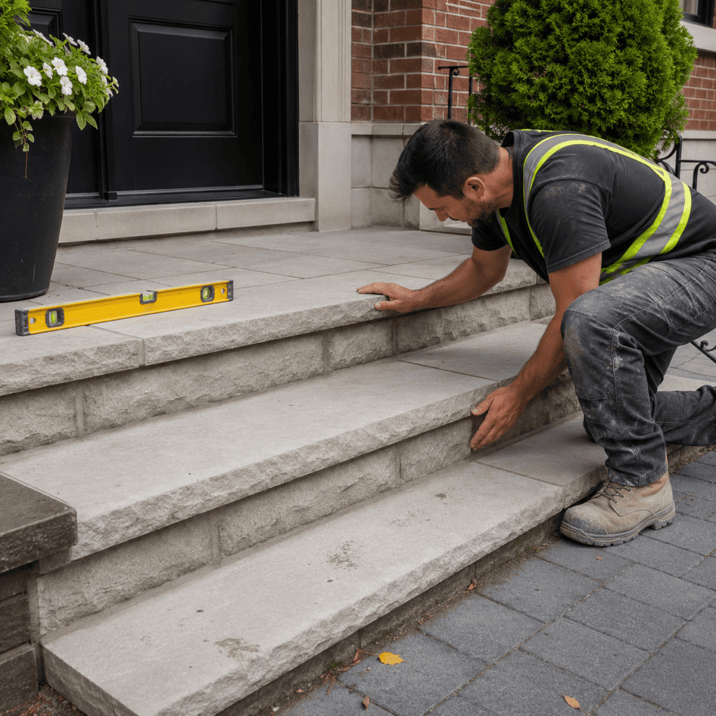Mason inspecting stone step construction details for long-term durability