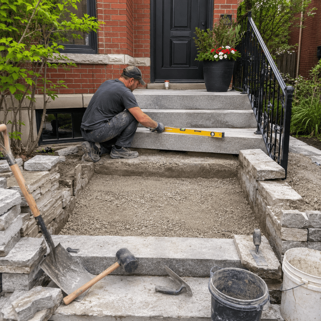 Masonry contractor rebuilding stone steps with proper base preparation