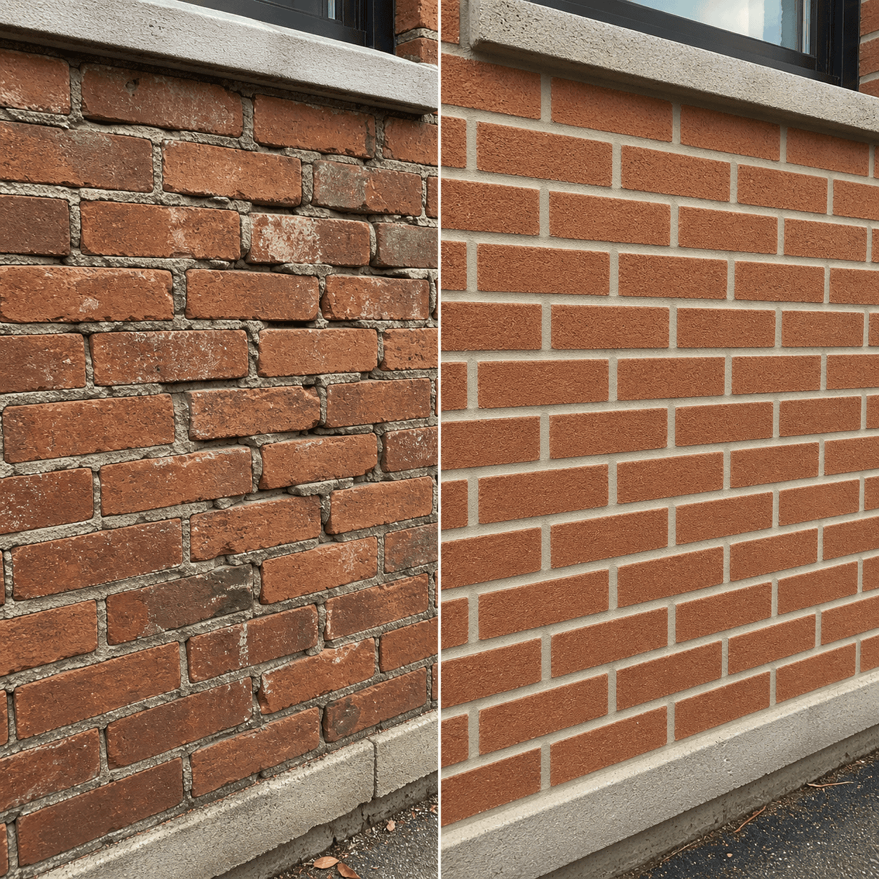 Split view of deteriorated brick mortar joints beside neatly repointed joints beneath a concrete window sill