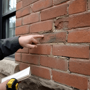 Close-up inspection of cracked mortar joints and damaged brick on a Toronto home