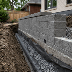 Professional masonry contractor reviewing a concrete masonry unit wall plan on a Toronto residential project