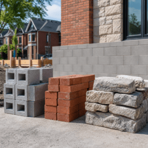 Concrete masonry units compared visually with brick and stone materials on a Toronto project site