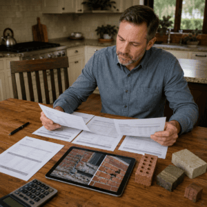Homeowner comparing masonry project estimates with photos and material samples