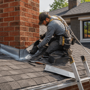 Professional repairing metal flashing around a brick chimney