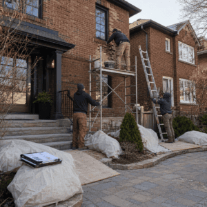 Masonry crew preparing access for exterior brick repair on a Toronto home