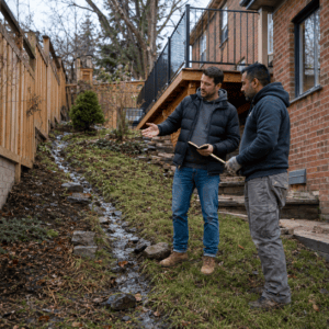 Homeowner and masonry contractor reviewing a sloped yard for retaining wall planning