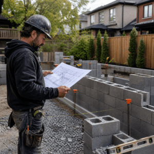 Professional masonry contractor reviewing a concrete masonry unit wall plan on a Toronto residential project