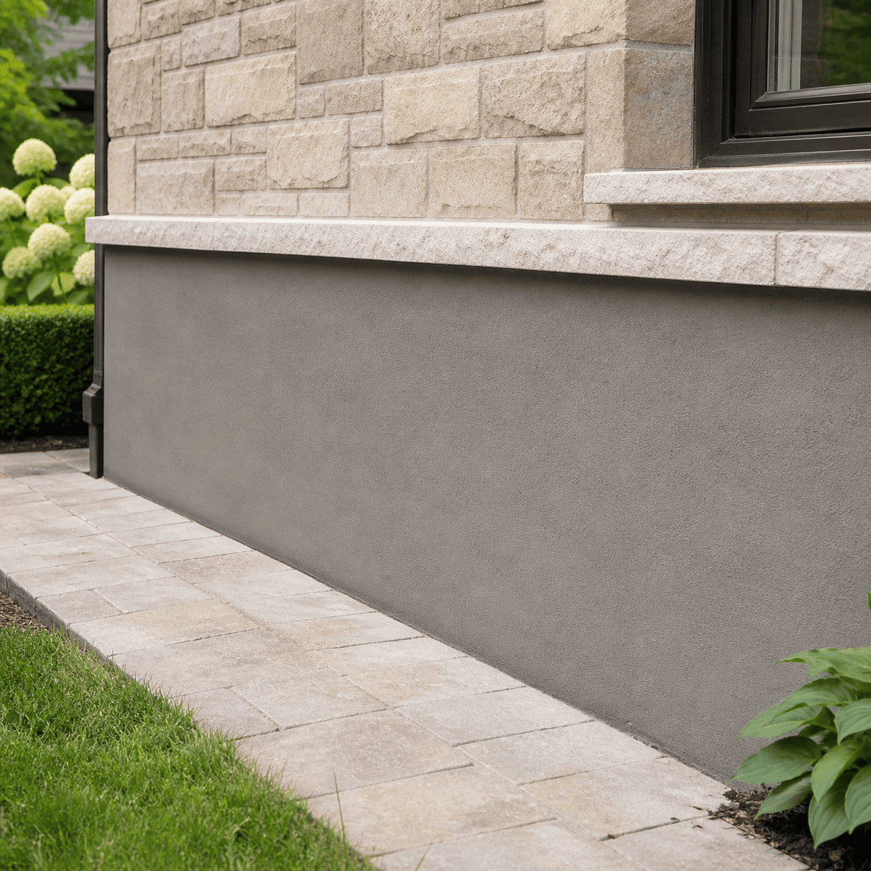 residential foundation wall with freshly repaired parging on the exposed lower exterior wall