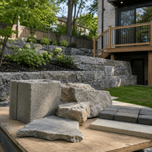 Retaining wall material options including stone, block, and pavers